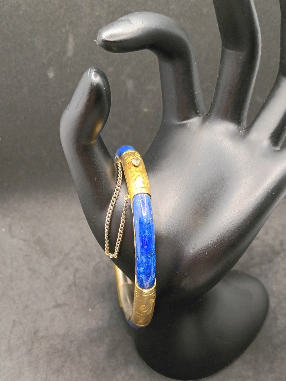 Vintage Gold and Blue Stone Hinged Bangle Bracelet